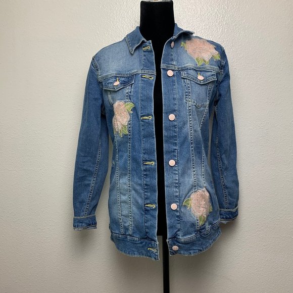 Lularoe Jaxon Embroidered Rose Denim Jacket - Picture 3 of 8